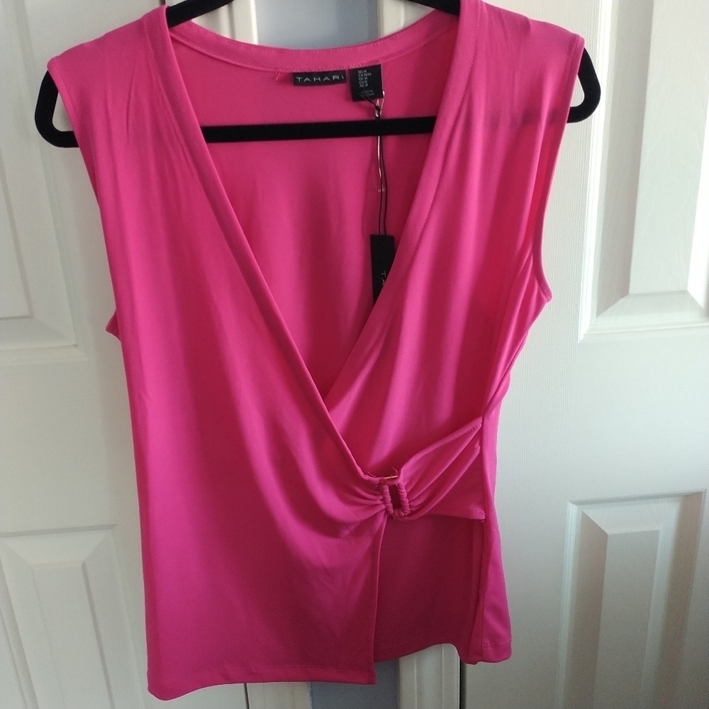 Tahari Pink Sleeveless Faux Wrap Side Buckle Top M - Picture 1 of 11